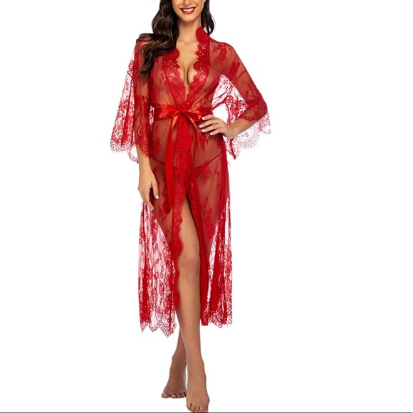 Long Lace Lingerie Kimono Robe Swimsuit Cover Up - Picture 5 of 7